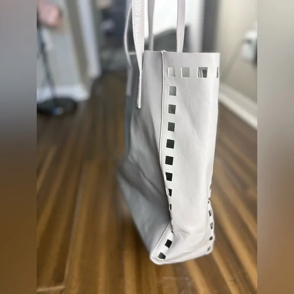 Gray Blue Tote Bag Pom Poms w/ cut out, felt lined y2k - Picture 2 of 9